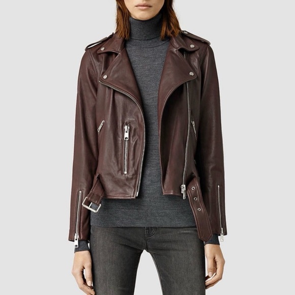 All Saints Red Burgundy Leather Jacket - Picture 3 of 8